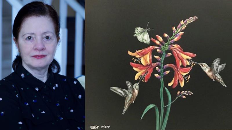 Photograph of Pam Assi on left; her painting of hummingbirds around a flower with a black backgroundon the right.