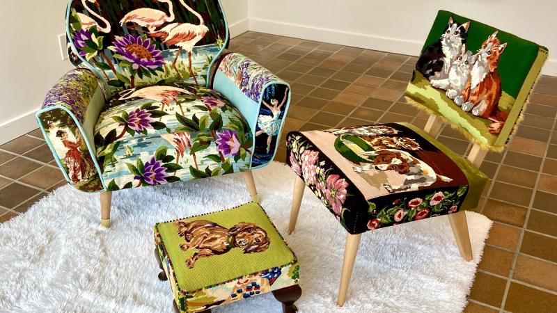 two brightly decorated chairs and a footstool