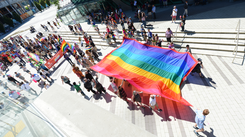 Aerial shot of Pride flag and crowd