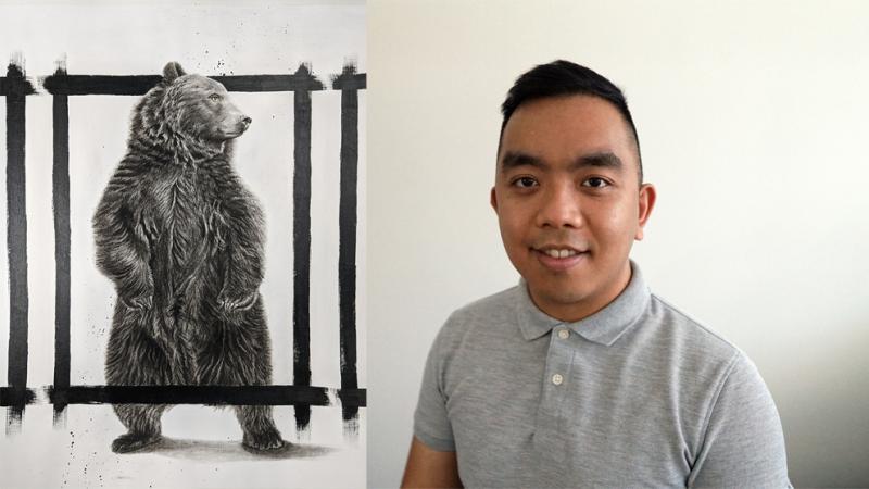 On the left, a drawing of a bear standing on hind legs. On right; a headshot of Leo Recilla.