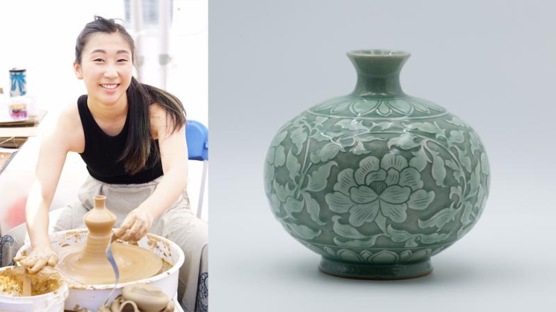 On left, artist Gloria Jue-Youn Han is bent over a pottery wheel; on right is one of her ceramic vessels
