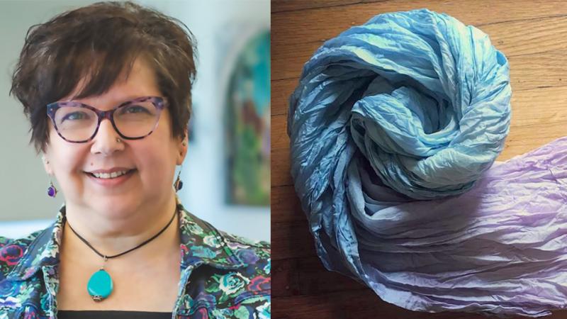 On left, head and shoulders photo of Lyn Verra-Lay; on right, a blue and lilac ombre silk scarf she made, coiled up like a snail.