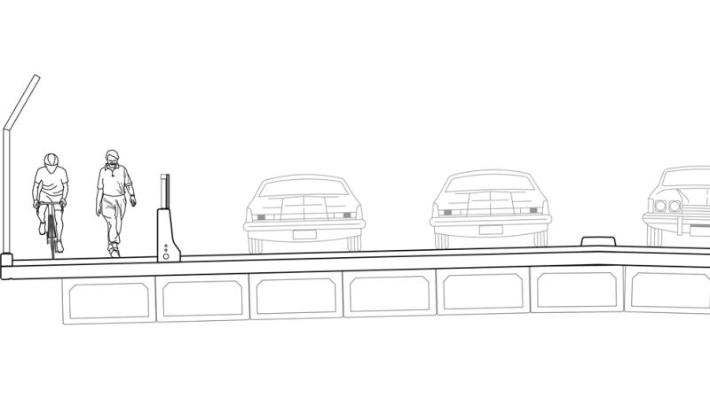 Computer rendering of an overpass with a pedestrian and cyclist on one side of a barrier and cars on the other side.