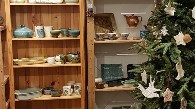 ceramics display on shelf