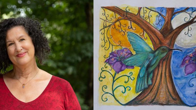 Photo of Rosemary Wallace leaning against a tree on the left; on the right, one of her paintings of a tree with yellow and blue background.