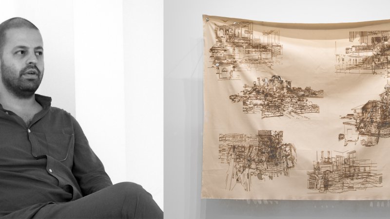 Photo of artist Hamed Rashtian on the left; one of his artworks on the right that shows multiple drawings laser engraved on a canvas map.