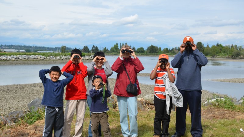 family with binoculars at park