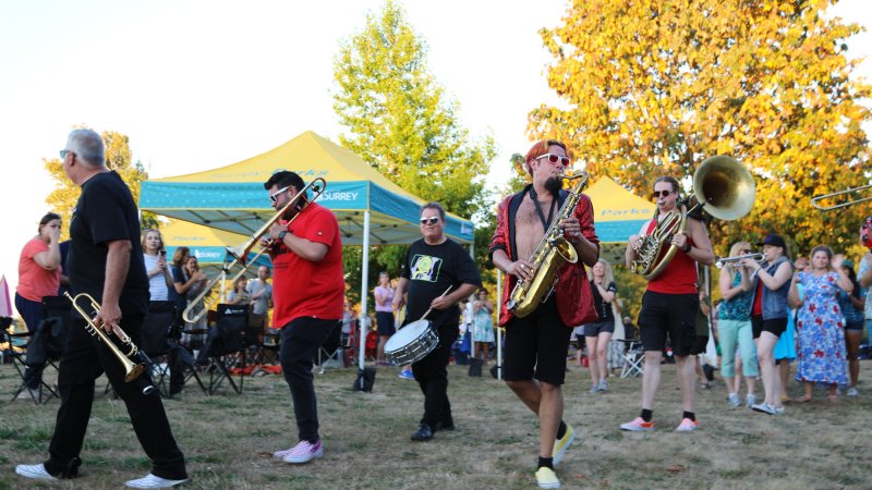 musicians playing brass instruments at a park