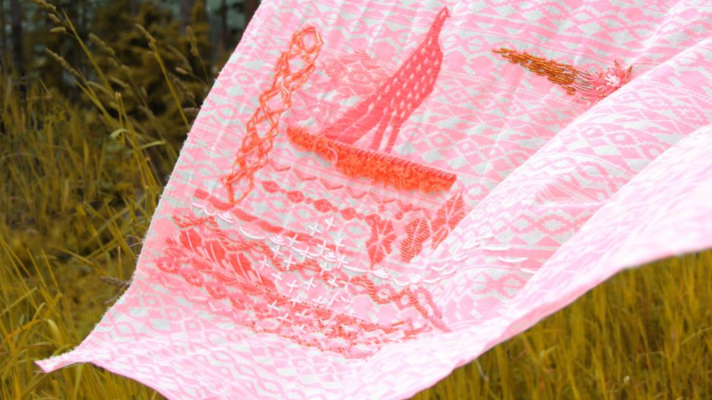 A pink fabric with embroidery depicting a bird with a long tail flutters in the wind against tall grass