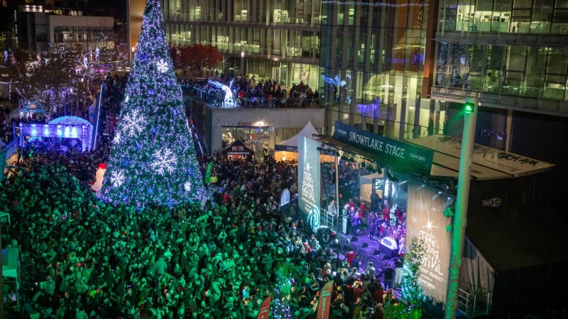  A festive outdoor Christmas tree lighting event with a large crowd and a brightly lit tree