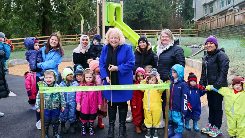 Mayor Brenda Locke cutting a ribbon to celebrate a park opening with a group of people