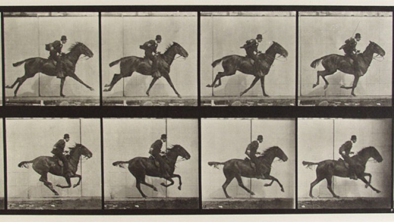 Black and white film stills of a man on a galloping horse. 