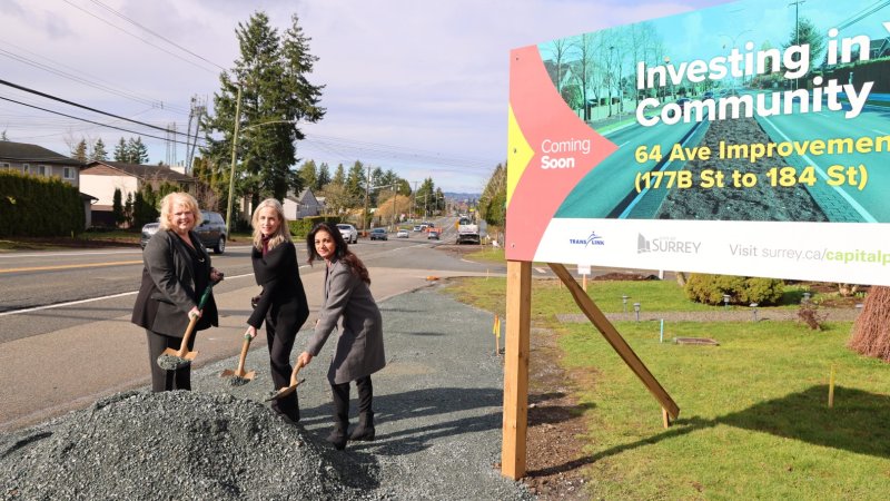 Surrey Mayor Brenda Locke, BC Hydro Executive Vice-President of Operations Charlotte Mitha and Shweta Khade, Program Manager of Program & Contract Management for BC Hydro, celebrate the groundbreaking of roadwork improvements along 64th Avenue in Surrey on March 12, 2024.