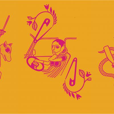 3 pink illustrations on gold background of South Asian women, from left to right: Laxmi Bai on a horse carrying a sword; Selvi driving a taxi; and Phoolan Devi, a bandit queen