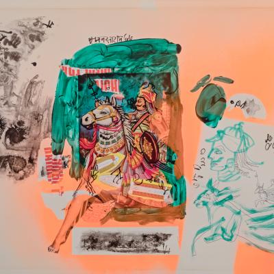 Collage of turquoise and oranges featuring a figure on horseback charging ahead.