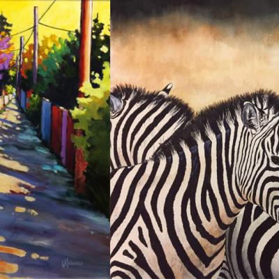 On left, colourful summery painting of a dirt laneway with houses and trees on the side; on right, a watercolour painting of a cluster of zebras.