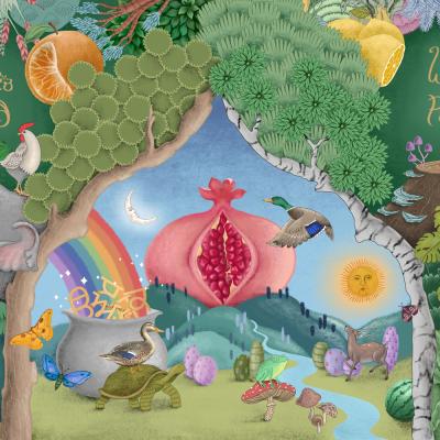Digital illustration showing lush greenery and wild animals with the words "Welcome to the Panjabi Garden" in English and Gurmukhi.