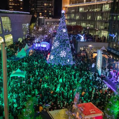 crowd gathers around large lit up christmas tree at surrey civic plaza