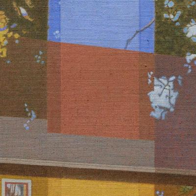 Detail view of Robert Young's painting 'Portal,' featuring rooftops of houses, trees, and stained glass window