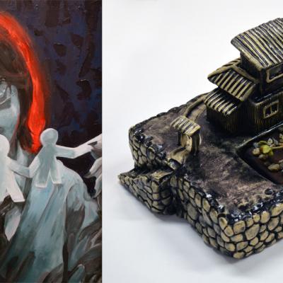 Right: Painting of a person holding paper cut-outs of a human figure. Left: A ceramic sculpture of a Japanese dwelling.