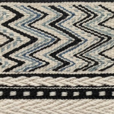 An overhead photograph of a handspun wool blanket with square shapes of various dark, medium, and light blue colours line the left and right of the blanket design. In the centre are wavy zigzag lines against a white background.
