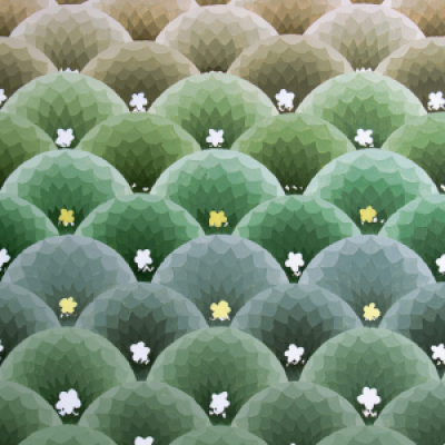 Repeated patterns and point by point brush strokes. These patterns are gradients of green that play with light and shadow. There are rows of round domes that give a prismatic look. Each dome partially covers the bottom of the dome above it. From a glance, it can appear to tbe the tops of the trees. On each dome is a yellow or white flower shape. 