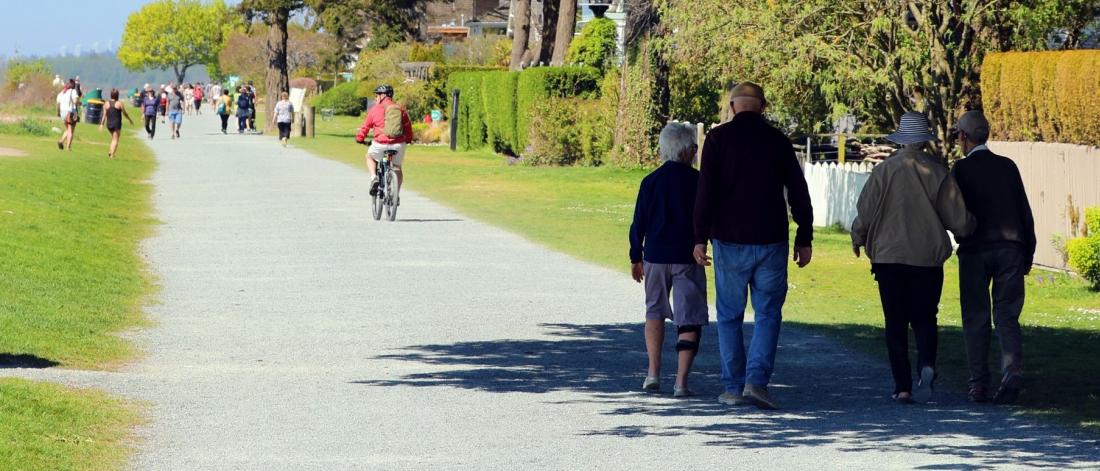 Elderly couples walk on a gravel path