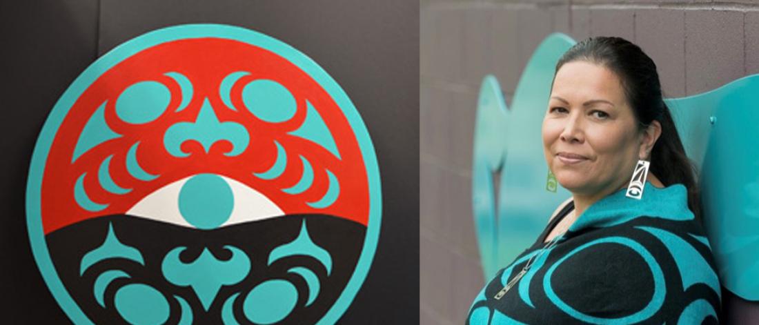 Painted red and black circle inspired by Coast Salish design showing two faces. Photograph of artist Phyllis Atkins beside it. 