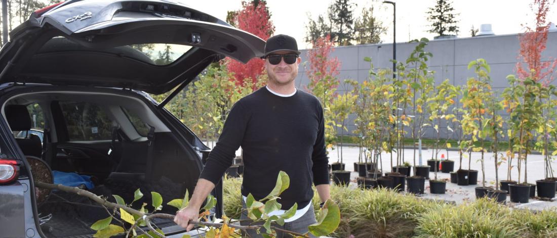 A man in sunglasses loads a large potted tree into his car's trunk