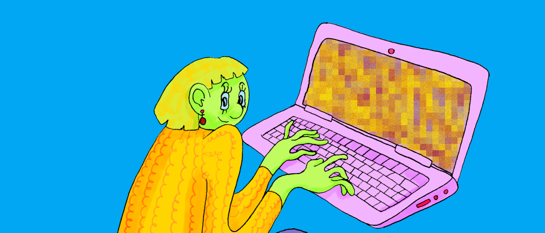 Colourful illustration of a person sitting on a stool typing on a computer.
