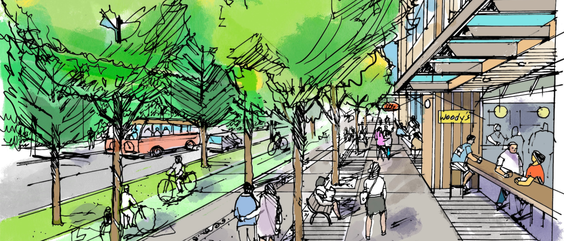 Conceptual Rendering of a streetscape with trees, vehicles, and pedestrians