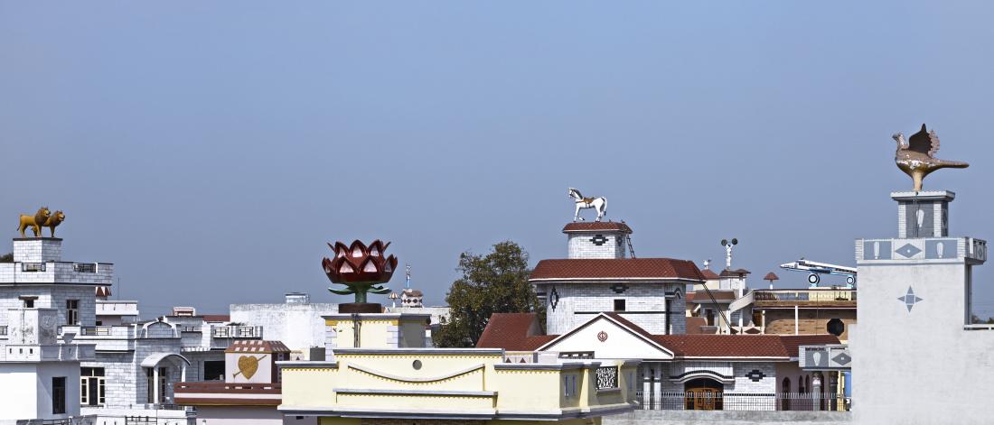 Photograph of houses in India's Punjab with decorative sculptures on the roofs.