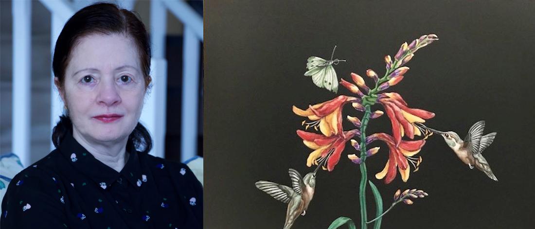 Photograph of Pam Assi on left; her painting of hummingbirds around a flower with a black backgroundon the right.