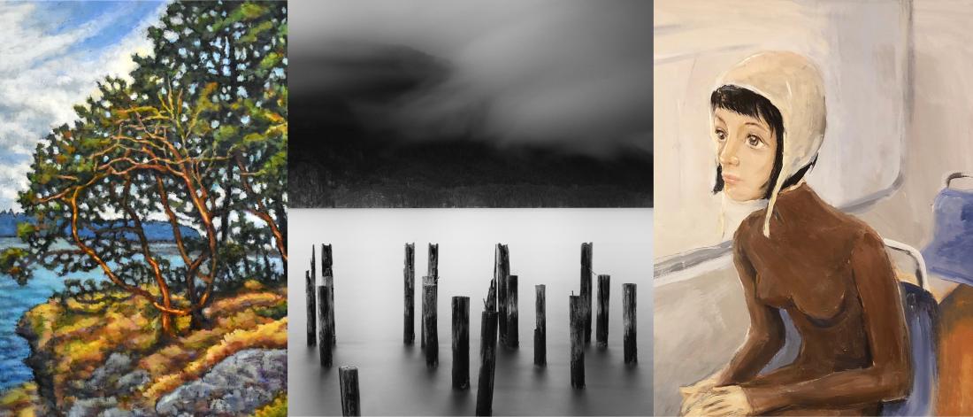 Painting of arbutus trees, moody photograph of mooring poles, painting of SkyTrain commuter
