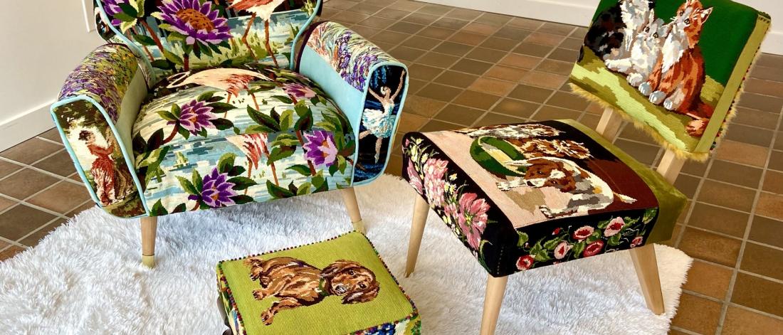 two brightly decorated chairs and a footstool