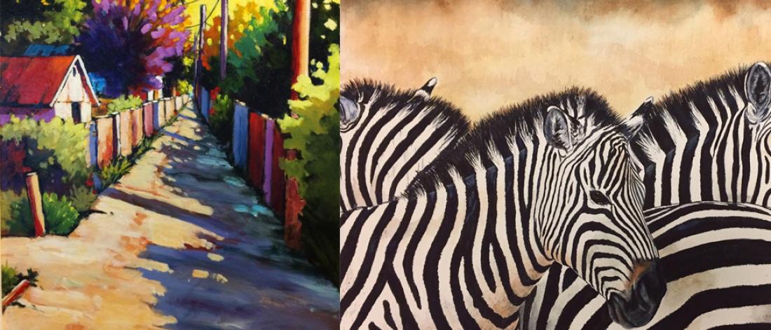 On left, colourful summery painting of a dirt laneway with houses and trees on the side; on right, a watercolour painting of a cluster of zebras.