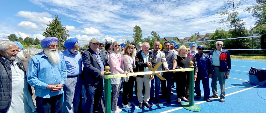 Mayor and Council at the new rubberized outdoor volleyball courts and walking track with a ribbon-cutting at Kabaddi Park 