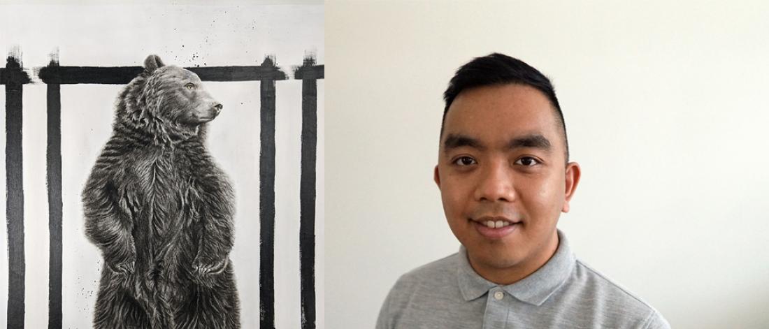 On the left, a drawing of a bear standing on hind legs. On right; a headshot of Leo Recilla.