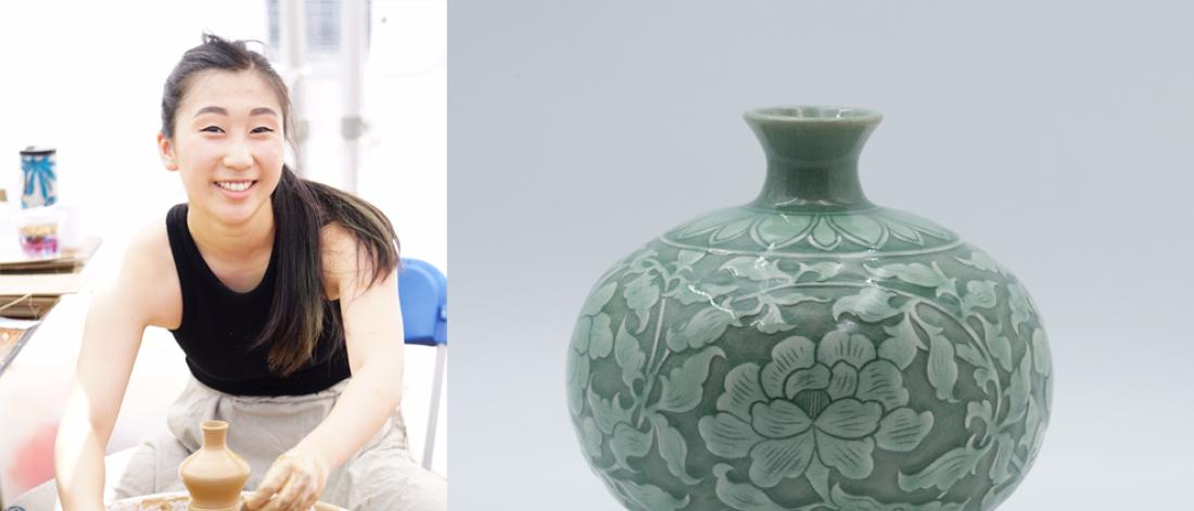 On left, artist Gloria Jue-Youn Han is bent over a pottery wheel; on right is one of her ceramic vessels