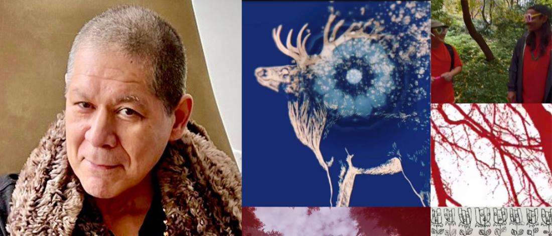 Head and shoulders portrait of Zachery Cameron Longboy on left; on right, a digital collage of pictures taken from his video still Guardian of Sleep.