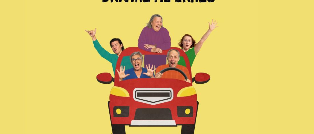 The cast of Driving Me Crazy are all sitting in a red car