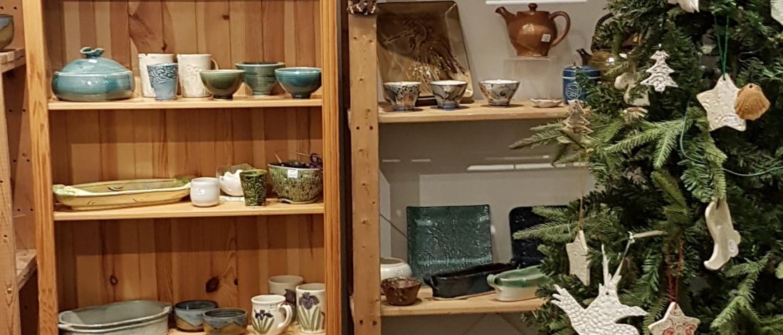 ceramics display on shelf