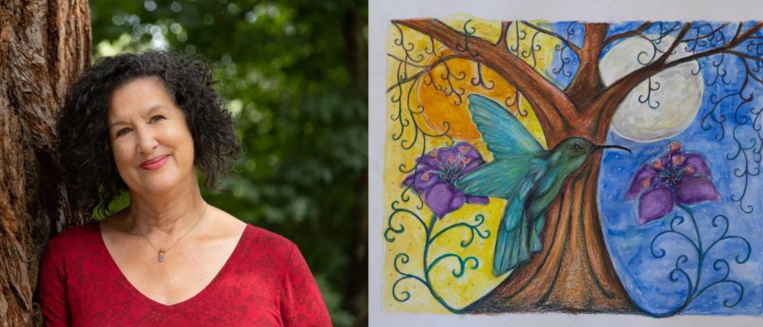 Photo of Rosemary Wallace leaning against a tree on the left; on the right, one of her paintings of a tree with yellow and blue background.