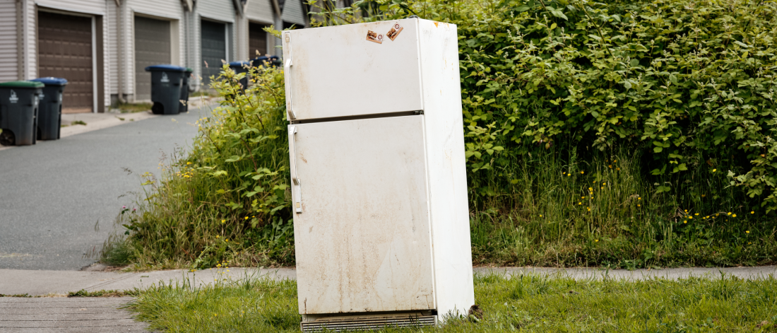 a fridge dumped on the side of the road