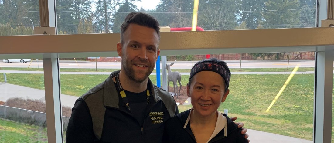 Ryan Hodgson, a certified personal trainer at Grandview Heights Aquatic Centre and Sydney Wang, a patron. 