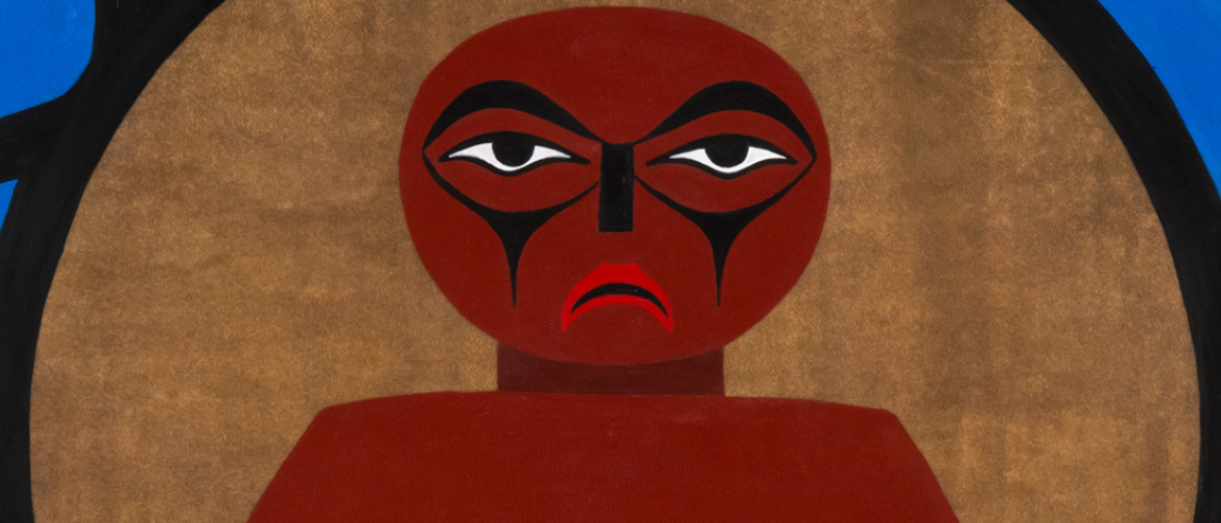 A man with face markings stares forward. A brown circle with a black border and blue shapes surrounds him.