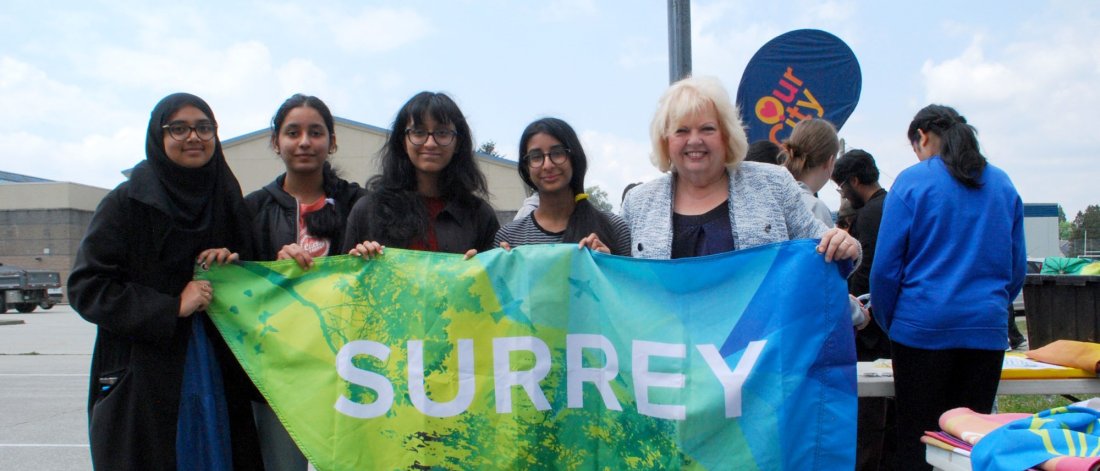 Mayor Locke with some students and a Surrey banner