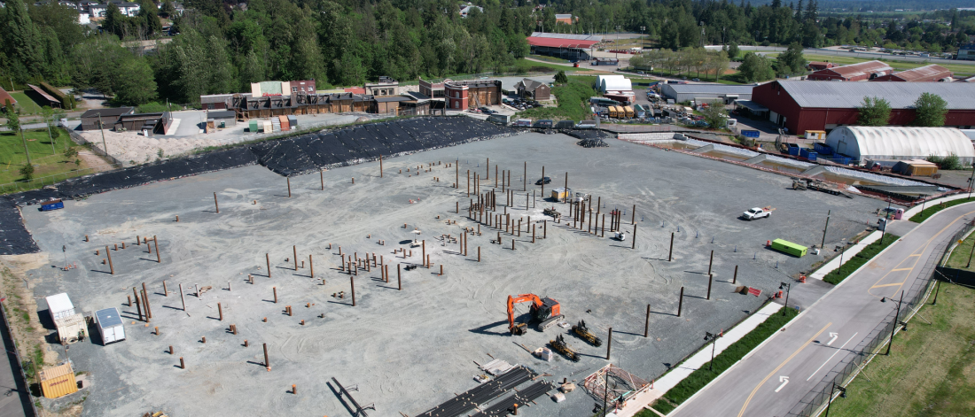 aerial view of construction of arena