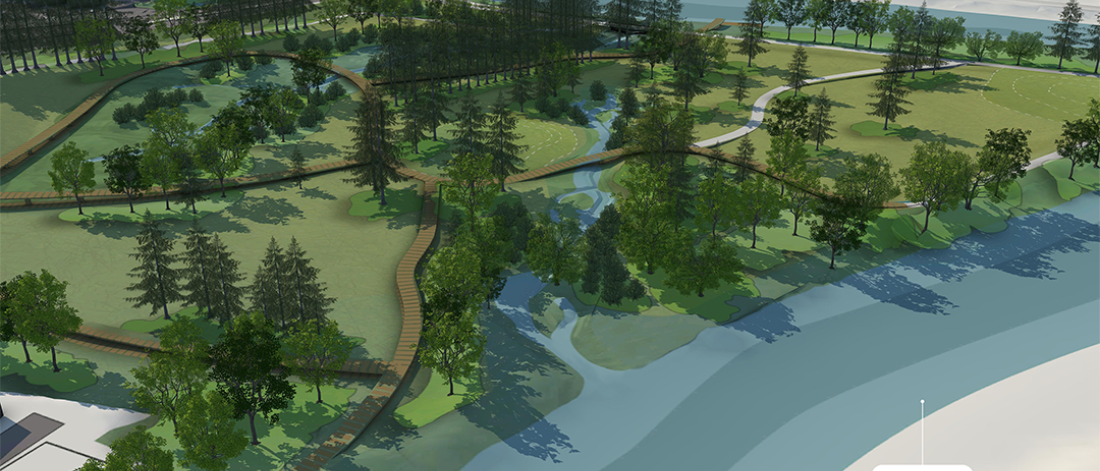 rendering of park with river and trees