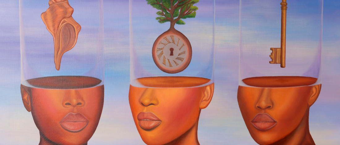 Three figures from the face-up have floating objects encased in a glass dome above where their brain is. One has a key, a clock, and a shell-like object. Behind is a blue sky with gauzy white clouds.